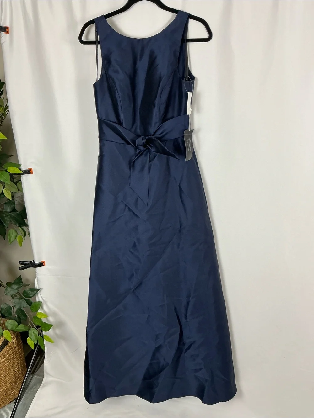ALFRED SUNG Midnight Navy Jewel-Neck V-Back Satin Maxi Dress - Picture 2 of 6